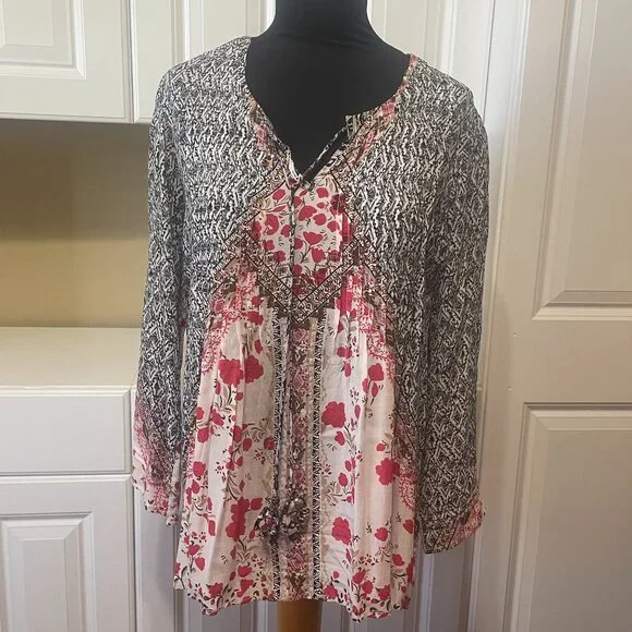 Kyla Seo Anthropologie Womens Colorful Oversized Tunic Boho Pintuck Blouse S - Picture 1 of 12